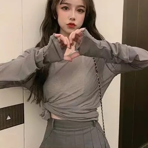 Mesh shirt top thumbhole sexy transparent long sleeve crewneck style gray - Picture 2 of 3